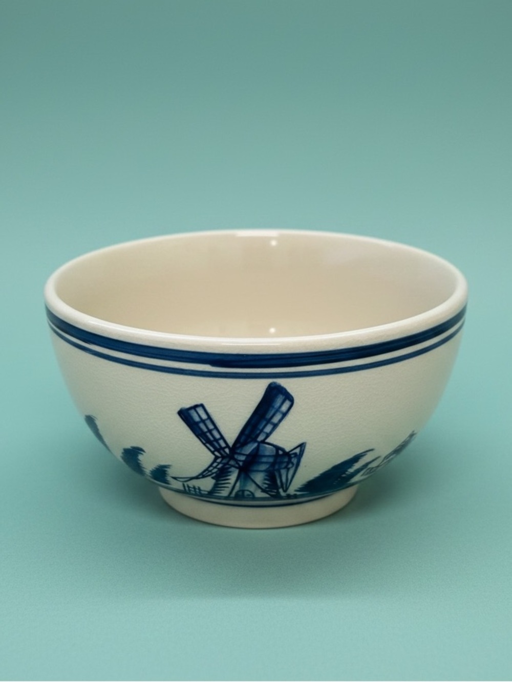 Vintage Delft Blue Style Pottery Bowl - Hand Painted Windmill Landscape